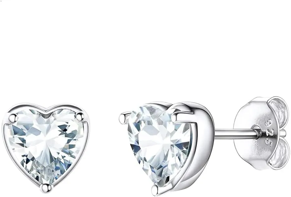 1 Pair Adabele Authentic Sterling Silver Heart Birthstone Stud Earrings 6mm/0.84 Carat Cubic Zirconia Diamond Gemstone Hypoallergenic Nickel Free Tarnish Resistant Women Jewelry