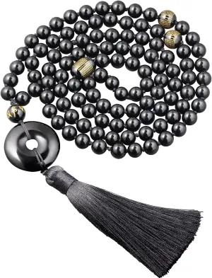 108 Mala Beads 8mm Necklaces for Women Men Black Obsidian Peace Buckle/Agate Heart Sutra Gemstone Prayer Charm for Meditation