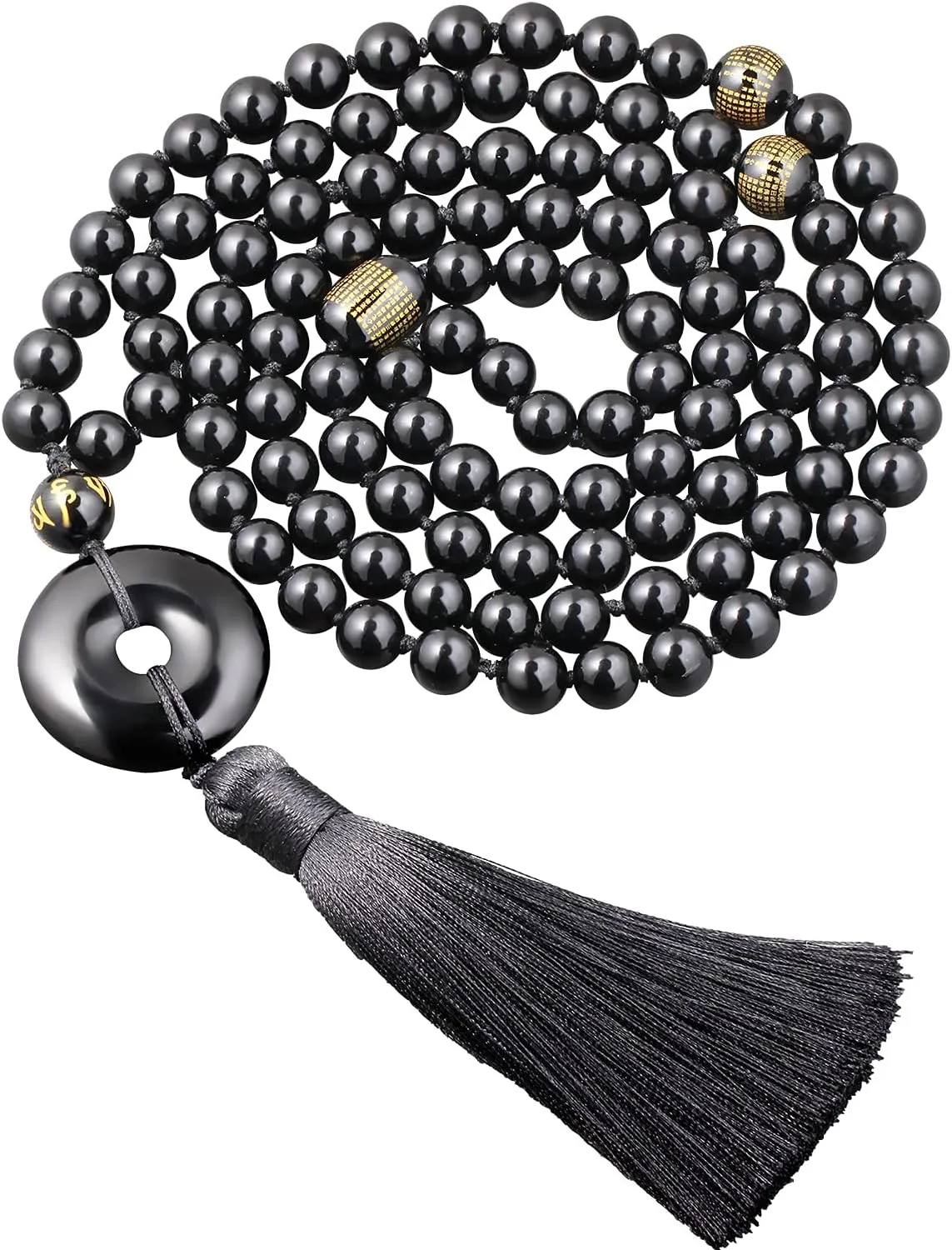 108 Mala Beads 8mm Necklaces for Women Men Black Obsidian Peace Buckle/Agate Heart Sutra Gemstone Prayer Charm for Meditation