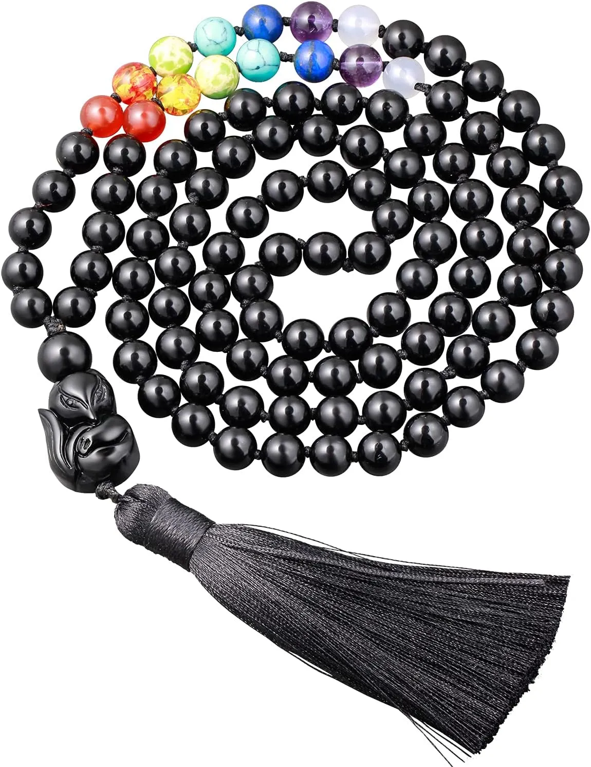 108 Mala Beads with 7 Chakra Necklaces Black Obsidian Fox Necklace Gemstone Meditation 8mm Mala Beaded Tassel Handmade Knotted