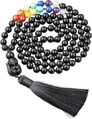108 Mala Beads with 7 Chakra Necklaces Black Obsidian Fox Necklace Gemstone Meditation 8mm Mala Beaded Tassel Handmade Knotted