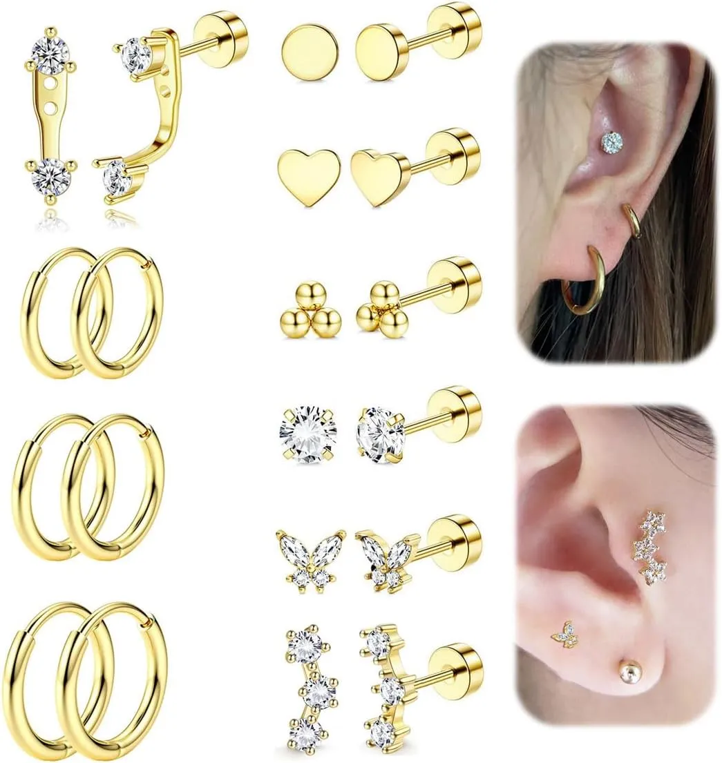 10Pairs 14K Gold Plated Hypoallergenic Surgical Steel Flat Back Earrings for Sensitive Ears 20G Cartilage Hoop Stud Earrings Piercing Tragus Helix Conch For Women Jewelry