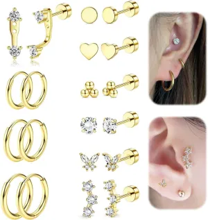 10Pairs 14K Gold Plated Hypoallergenic Surgical Steel Flat Back Earrings for Sensitive Ears 20G Cartilage Hoop Stud Earrings Piercing Tragus Helix Conch For Women Jewelry