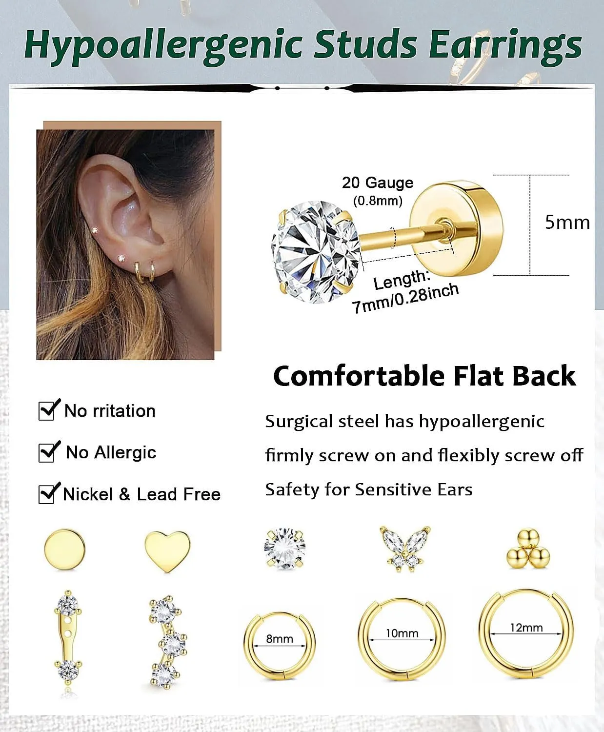 10Pairs 14K Gold Plated Hypoallergenic Surgical Steel Flat Back Earrings for Sensitive Ears 20G Cartilage Hoop Stud Earrings Piercing Tragus Helix Conch For Women Jewelry