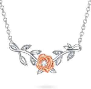 1/20 Carat Diamond Rose Necklace for Women 925 Sterling Silver Rose Flower Vine Pendant Necklaces 18K Gold Plated Fine Jewelry