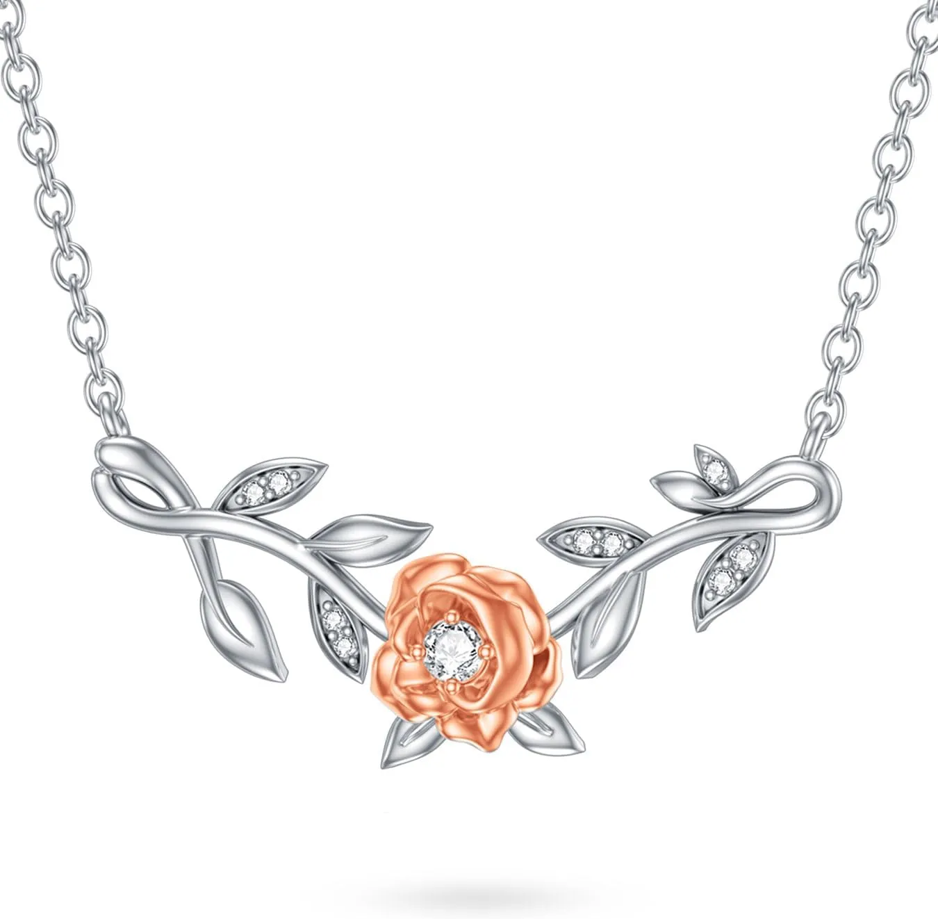 1/20 Carat Diamond Rose Necklace for Women 925 Sterling Silver Rose Flower Vine Pendant Necklaces 18K Gold Plated Fine Jewelry