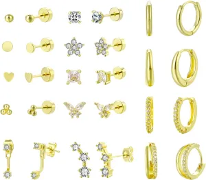 14 Pairs Flat Back Cartilage Hoop Earrings for Women Men - 14k Gold Hypoallergenic Surgical Steel Hoop Earrings, Small Tragus Piercing Jewelry Earrings Set