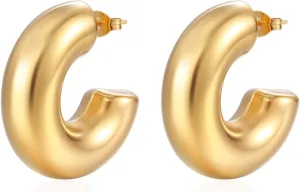 14K Gold Plated Lightweight Chunky Open Hoops for Women Trendy Gold Hoop Earrings