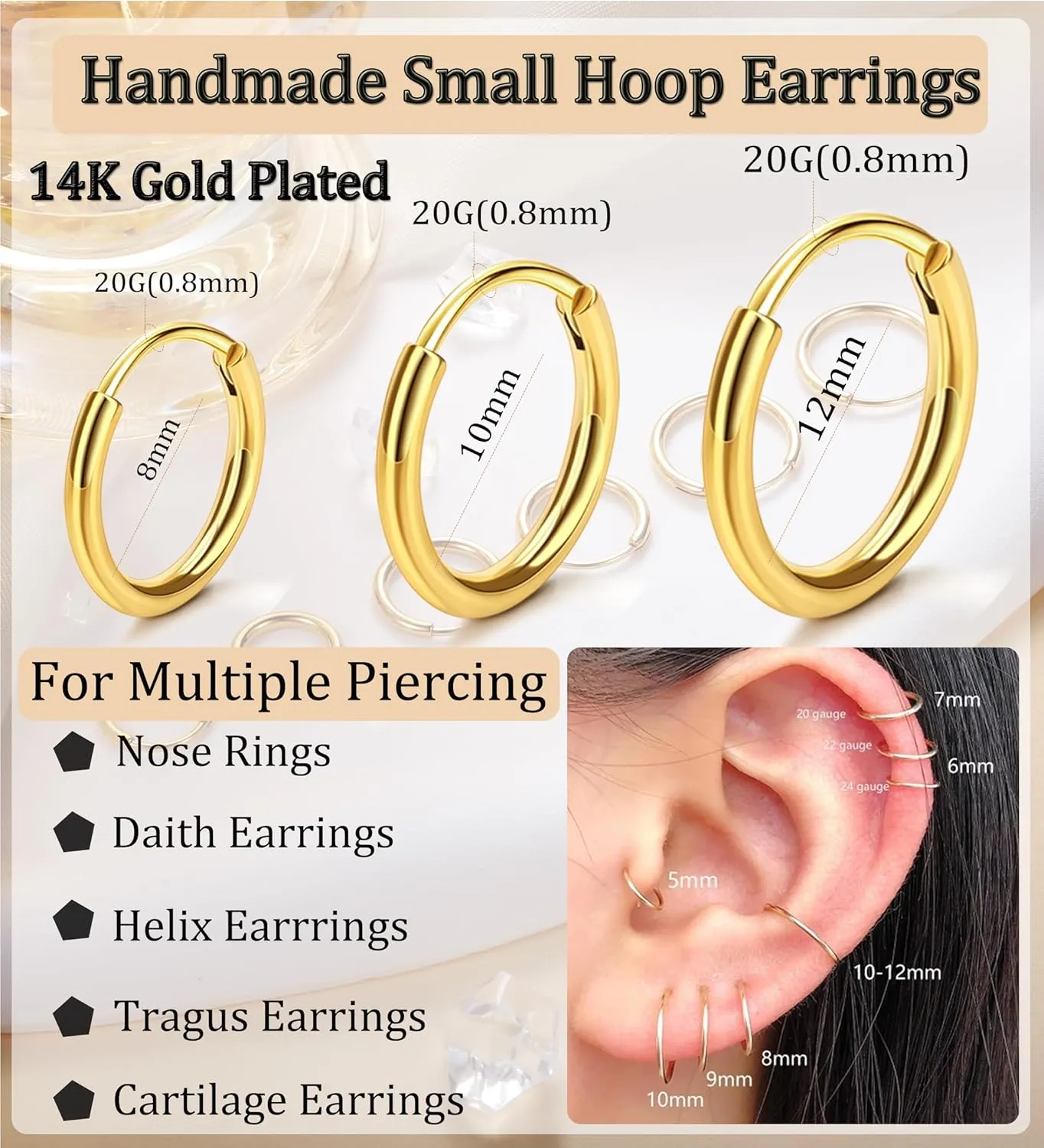14K Gold Plated Small Hoop Earrings for Women Hypoallergenic 316L Surgical Steel Cartilage Huggie Hoop Earrings Handmade Hinge Huggie Hoop Earrings for Helix Tragus Conch Piercing Jewelry 8/10/12mm