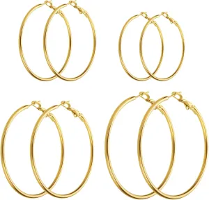 14K Gold Plated Stainless Steel Hoop Earrings - Hypoallergenic, Lightweight, 4 Pairs