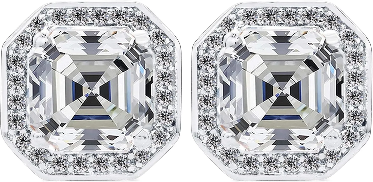 14K Solid Gold Post & Sterling Silver Asscher Cut Halo CZ Stud Earrings 0.80-4.00cttw Cubic Zirconia