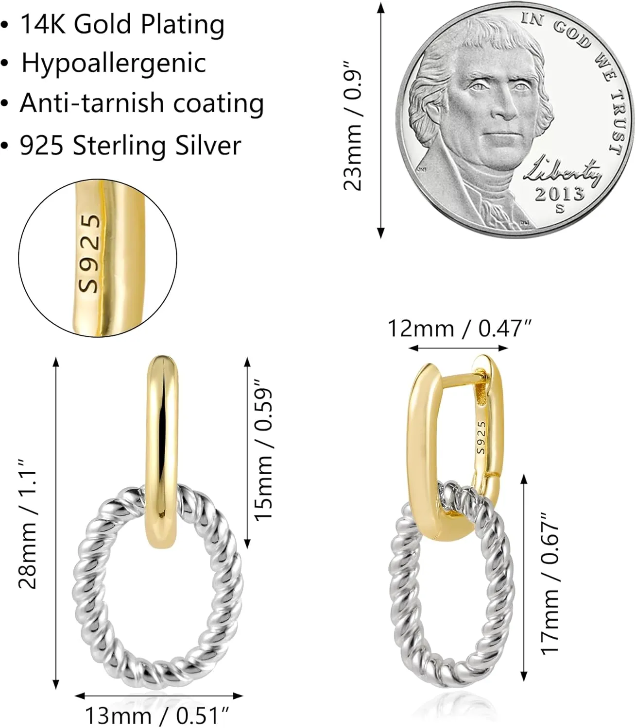 14K Two Tone Gold Silver Hoop Earrings for Women Drop Dangle Paperclip Earrings Convertible Link Chain Earing