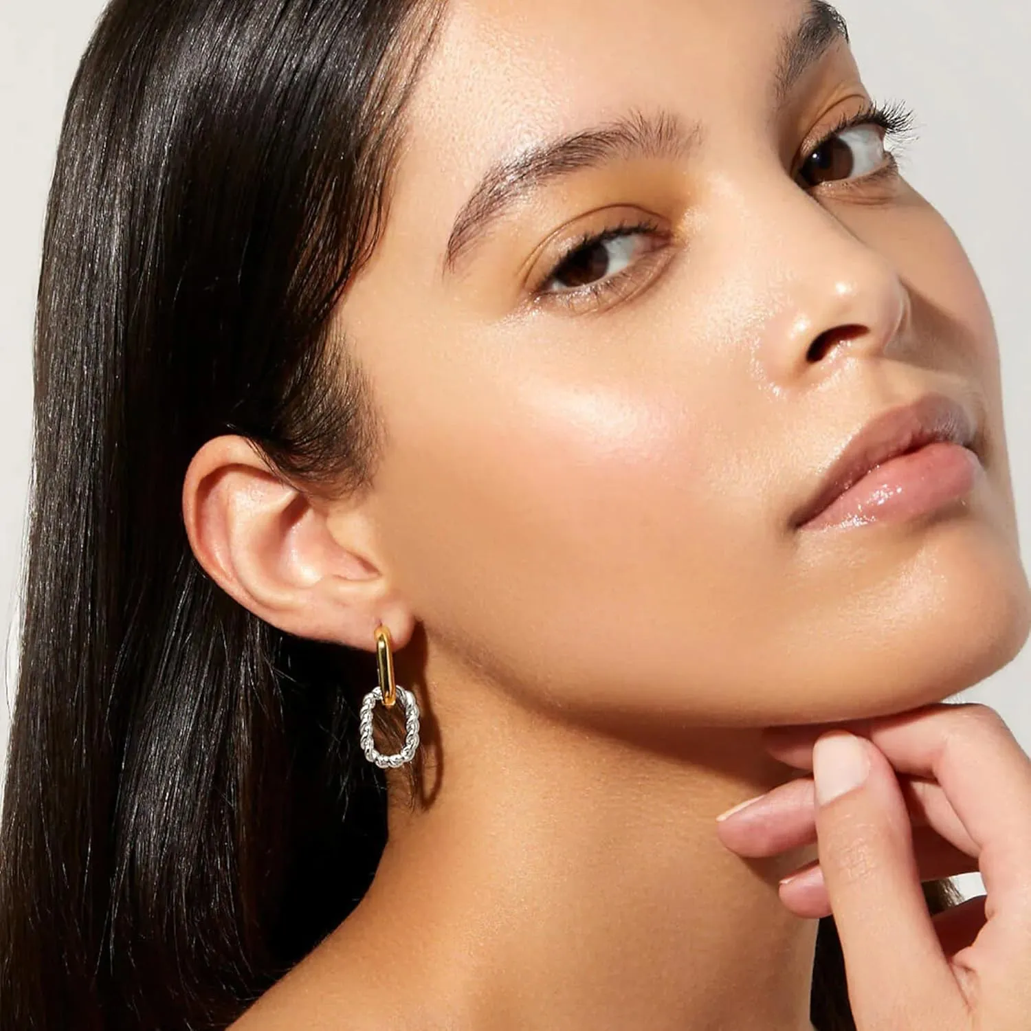14K Two Tone Gold Silver Hoop Earrings for Women Drop Dangle Paperclip Earrings Convertible Link Chain Earing