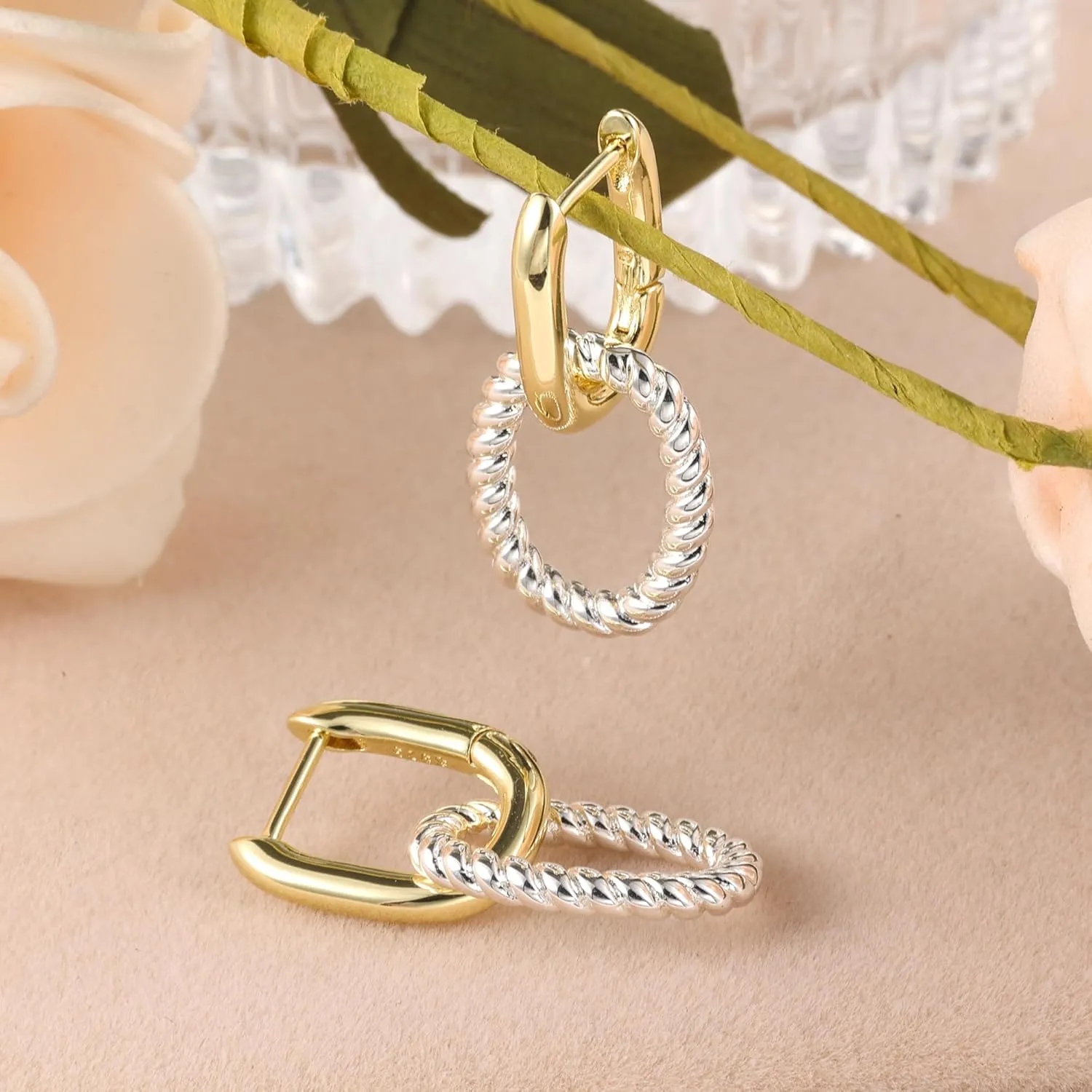 14K Two Tone Gold Silver Hoop Earrings for Women Drop Dangle Paperclip Earrings Convertible Link Chain Earing