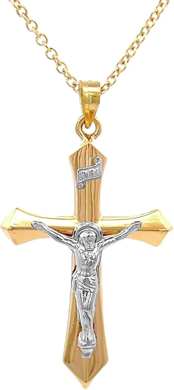 14K Yellow Gold and 14K White Gold Various Sizes INRI Crucifix Cross Religious Pendant Charm Necklaces Polished Fine Jewelry for Women and Men