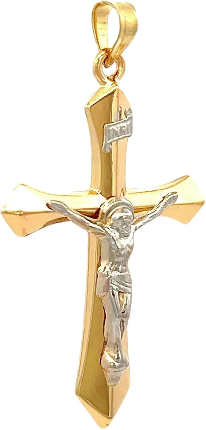14K Yellow Gold and 14K White Gold Various Sizes INRI Crucifix Cross Religious Pendant Charm Necklaces Polished Fine Jewelry for Women and Men