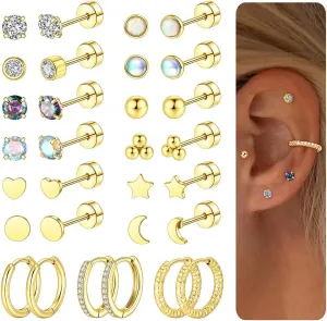 15 Pairs Hypoallergenic Surgical Steel Flat Back Earrings Set for Multiple Piercings 14K Comfortable Stud Hoop Cartilage Earring Set for Women Men 20G Gold/Silver