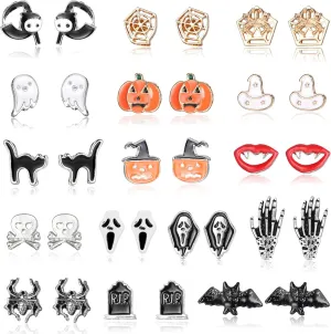 16 Pairs Halloween Earrings For Women Men Pumpkin Spider Web Bat Earrings Skull Ghost Black Cat Lip Skeleton Halloween Jewelry Set