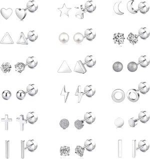 18 Pairs Stud Earrings for Women Men, Hypoallergenic Helix Piercing Flat Back Cartilage Earrings, Surgical 20G Stainless Steel CZ Earrings Set