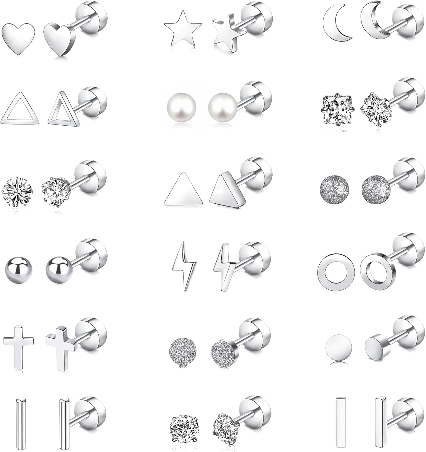 18 Pairs Stud Earrings for Women Men, Hypoallergenic Helix Piercing Flat Back Cartilage Earrings, Surgical 20G Stainless Steel CZ Earrings Set