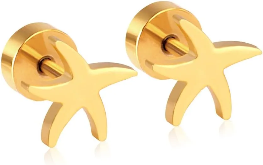 18G Starfish Flat Screw Back Small Stud Earrings for Women Men Minimalist Gold Plated Star Surgical Steel Cartilage Tragus Piercing Sleeper Tiny Studs Hypoallergenic for Sensitive Ears Summer Holiday Beach Gift Her Daughter