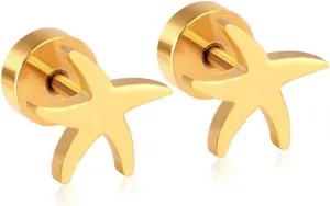 18G Starfish Flat Screw Back Small Stud Earrings for Women Men Minimalist Gold Plated Star Surgical Steel Cartilage Tragus Piercing Sleeper Tiny Studs Hypoallergenic for Sensitive Ears Summer Holiday Beach Gift Her Daughter