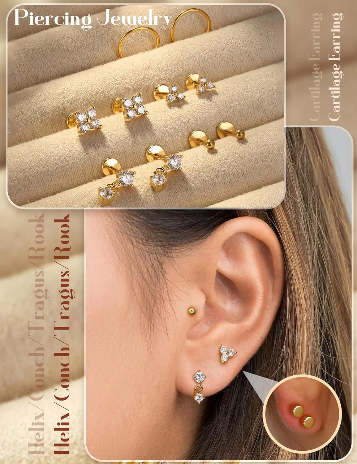 18K Gold Plated Threadless Flat Back Earrings Studs 316L Surgical Steel Push in Nose Studs Rings 20G 18G 16G CZ Tragus Cartilage Helix Conch Lip Labret Medusa Nostril Piercing Jewelry Hypoallergenic