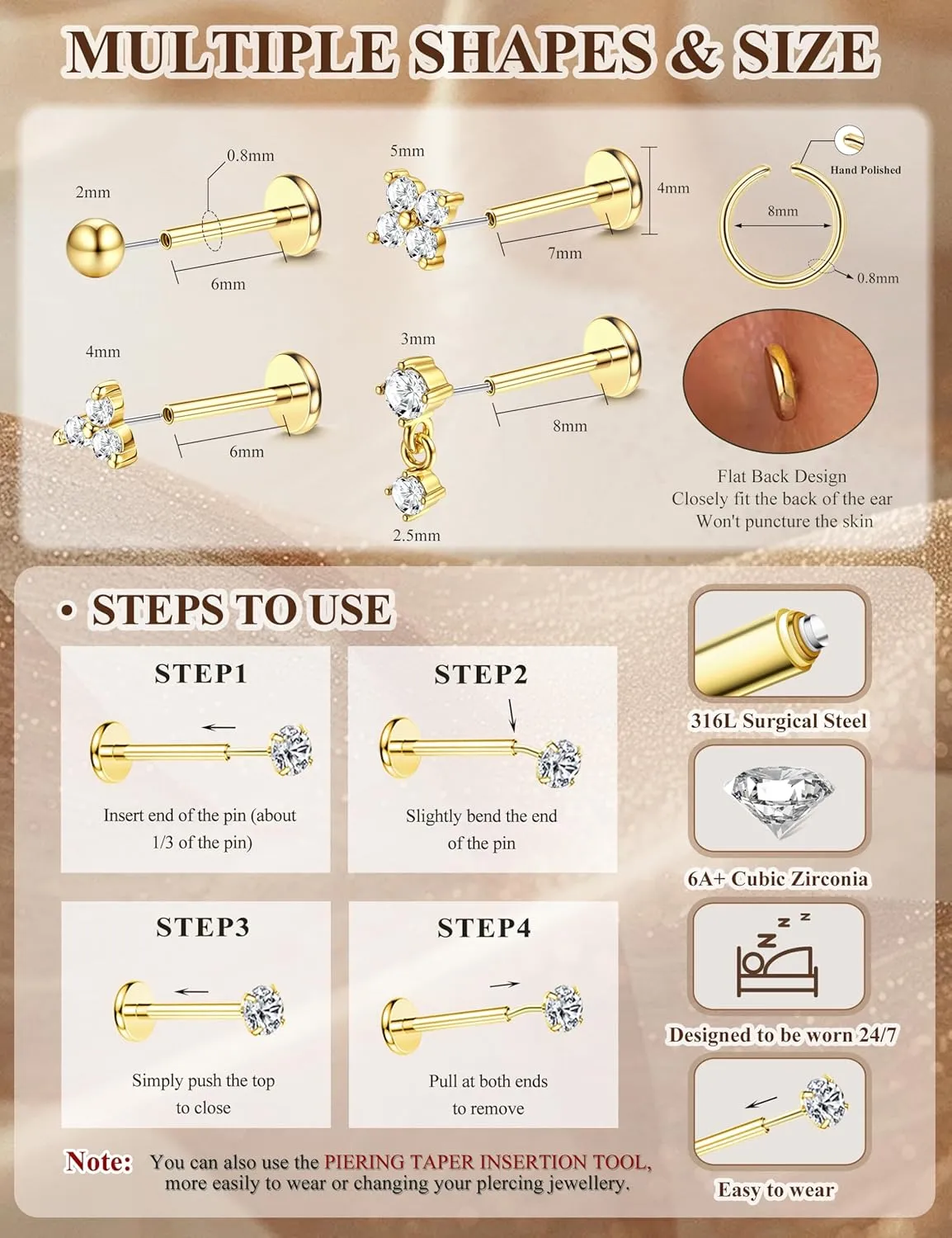 18K Gold Plated Threadless Flat Back Earrings Studs 316L Surgical Steel Push in Nose Studs Rings 20G 18G 16G CZ Tragus Cartilage Helix Conch Lip Labret Medusa Nostril Piercing Jewelry Hypoallergenic