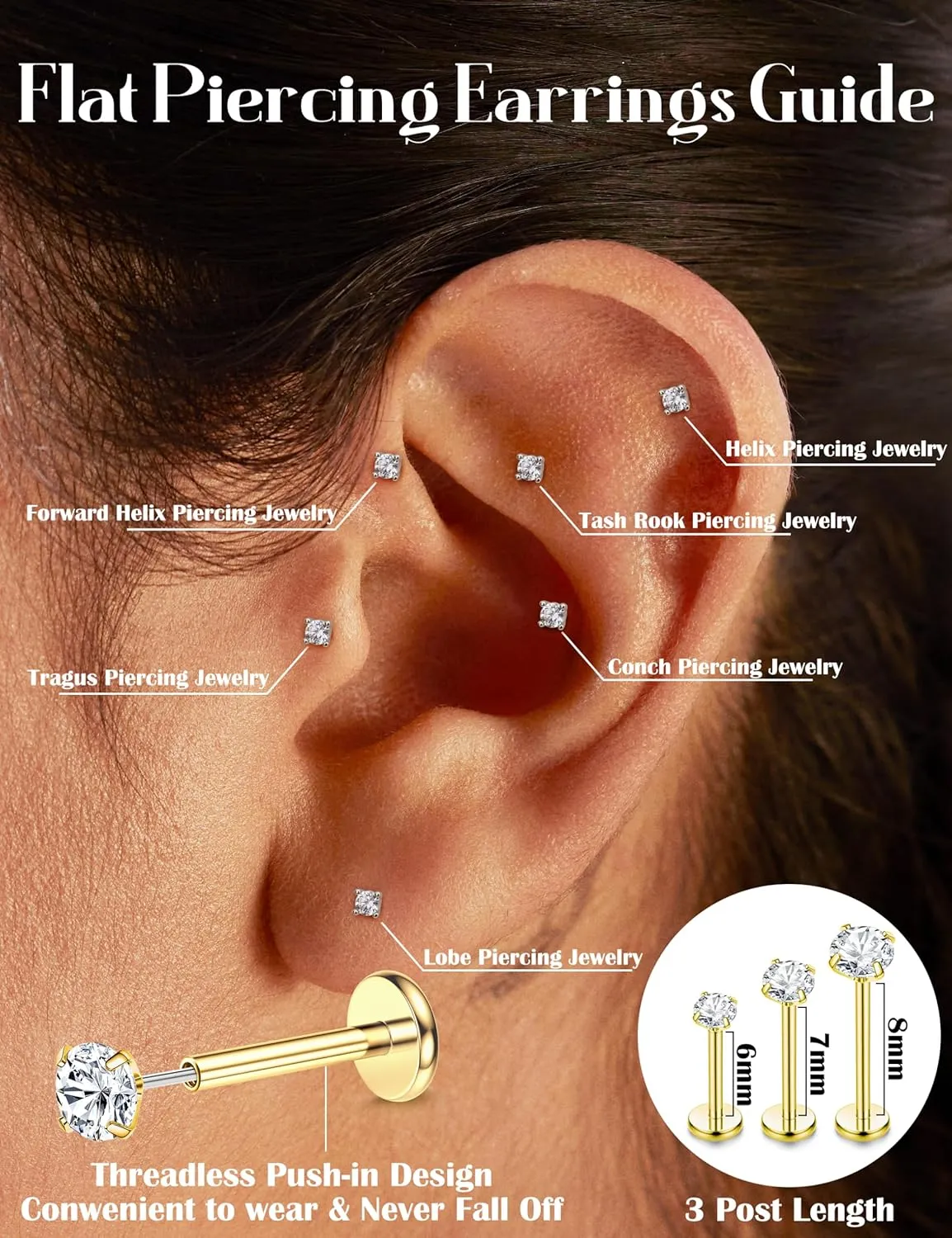 18K Gold Plated Threadless Flat Back Earrings Studs 316L Surgical Steel Push in Nose Studs Rings 20G 18G 16G CZ Tragus Cartilage Helix Conch Lip Labret Medusa Nostril Piercing Jewelry Hypoallergenic