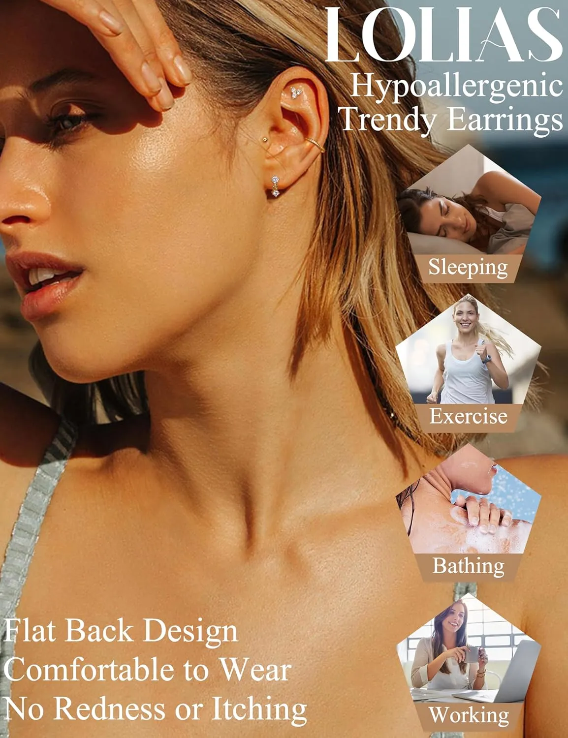 18K Gold Plated Threadless Flat Back Earrings Studs 316L Surgical Steel Push in Nose Studs Rings 20G 18G 16G CZ Tragus Cartilage Helix Conch Lip Labret Medusa Nostril Piercing Jewelry Hypoallergenic