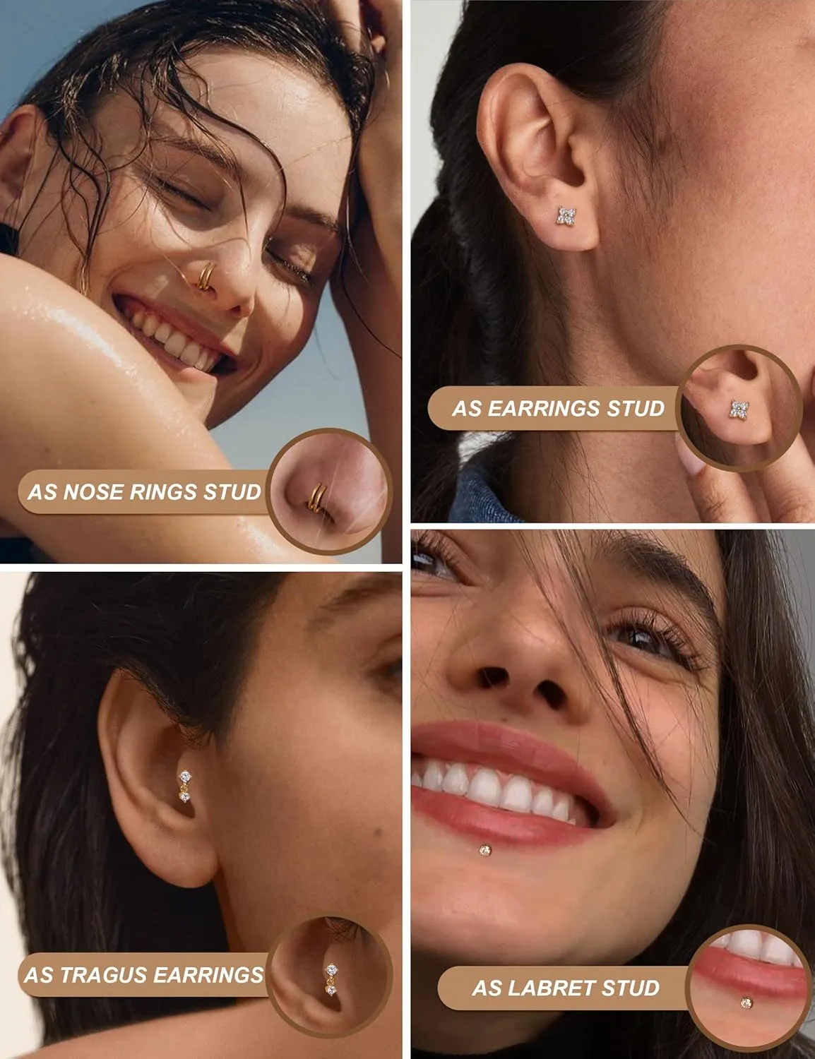 18K Gold Plated Threadless Flat Back Earrings Studs 316L Surgical Steel Push in Nose Studs Rings 20G 18G 16G CZ Tragus Cartilage Helix Conch Lip Labret Medusa Nostril Piercing Jewelry Hypoallergenic