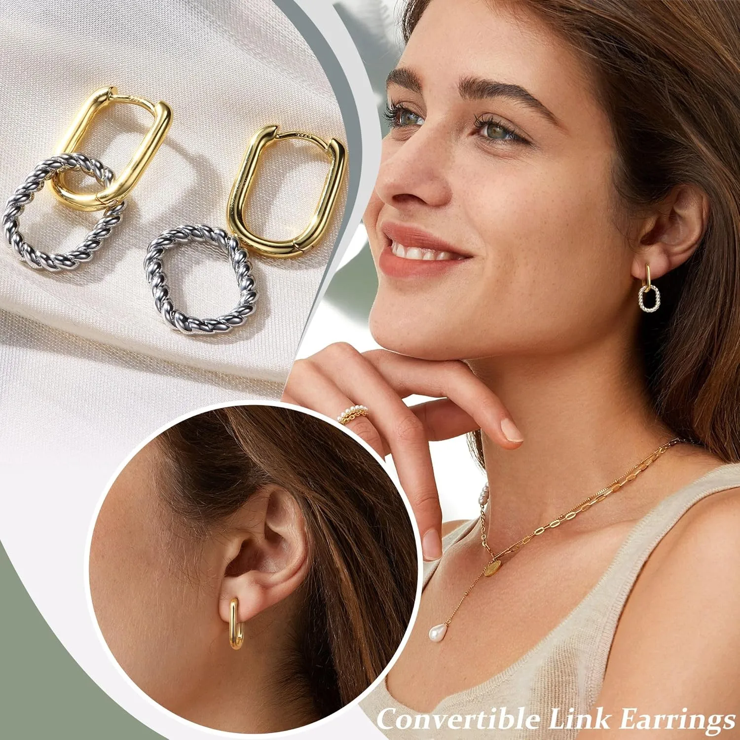 18K Gold Plated Two Tone Gold Silver Hoop Earrings for Women Hypoallergenic - 925 Sterling Silver Drop Dangle Paperclip Huggie Hoop Earrings - Chain Link Dangle Earrings Jewelry
