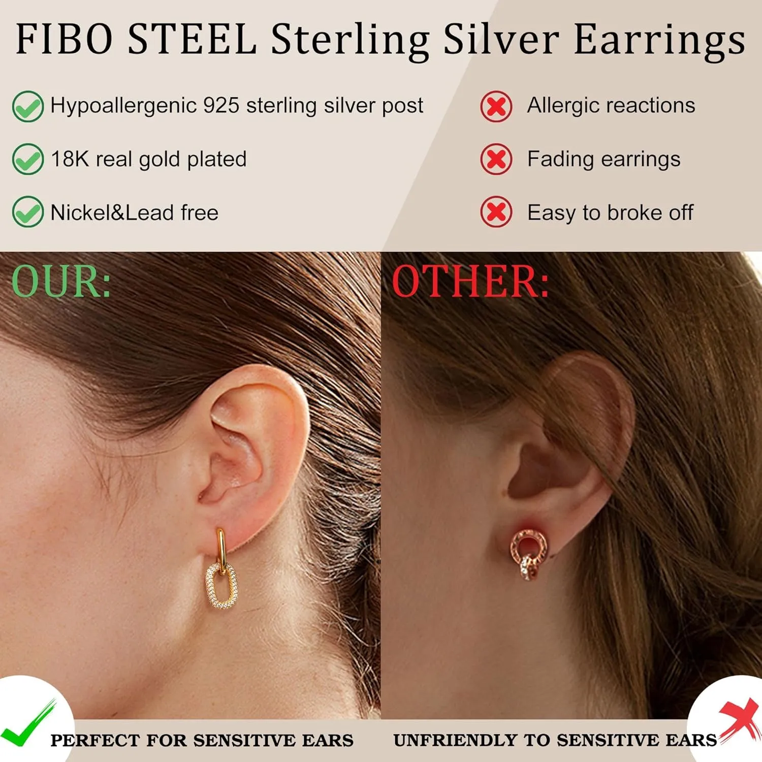 18K Gold Plated Two Tone Gold Silver Hoop Earrings for Women Hypoallergenic - 925 Sterling Silver Drop Dangle Paperclip Huggie Hoop Earrings - Chain Link Dangle Earrings Jewelry