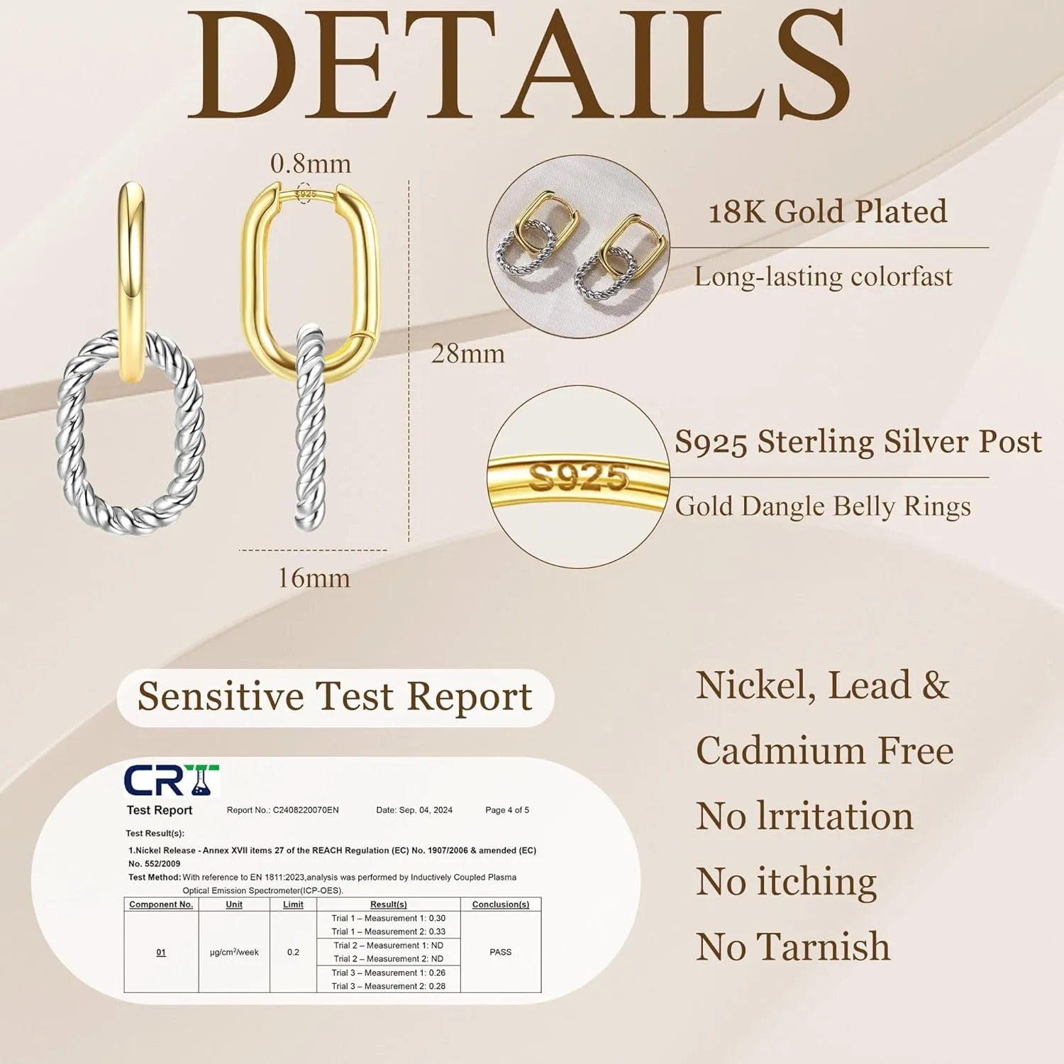 18K Gold Plated Two Tone Gold Silver Hoop Earrings for Women Hypoallergenic - 925 Sterling Silver Drop Dangle Paperclip Huggie Hoop Earrings - Chain Link Dangle Earrings Jewelry