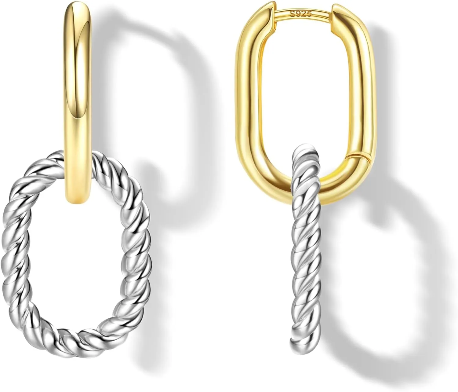 18K Gold Plated Two Tone Gold Silver Hoop Earrings for Women Hypoallergenic - 925 Sterling Silver Drop Dangle Paperclip Huggie Hoop Earrings - Chain Link Dangle Earrings Jewelry