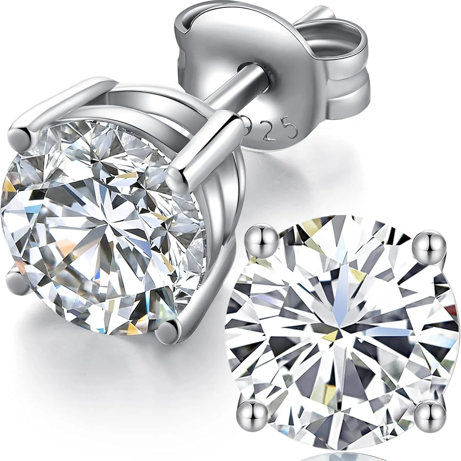 18K White Gold Plated Sparkling Simulated Diamond Studs Earrings s925 Sterling Silver Hypoallergenic Earring for Women Men 4mm-8mm