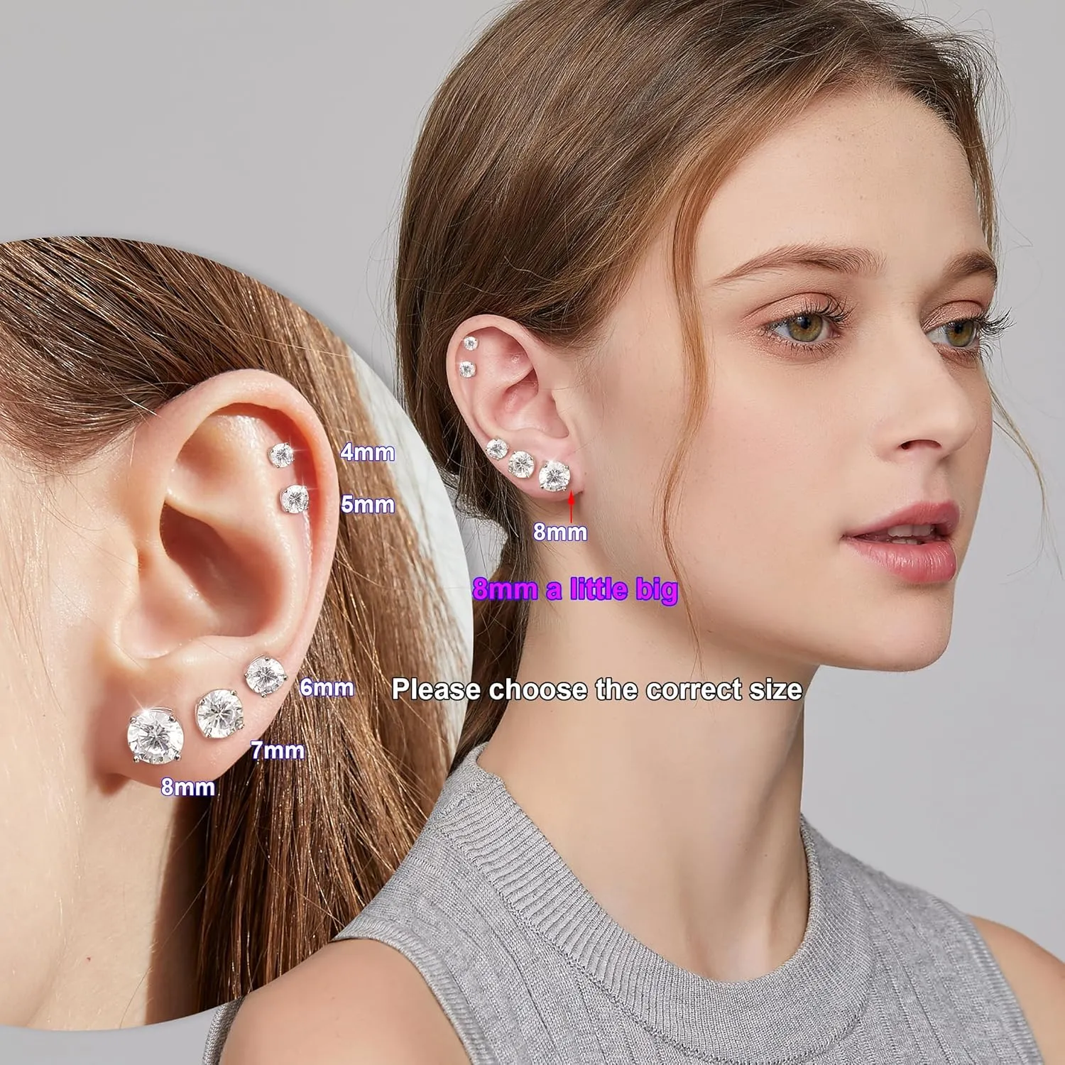 18K White Gold Plated Sparkling Simulated Diamond Studs Earrings s925 Sterling Silver Hypoallergenic Earring for Women Men 4mm-8mm