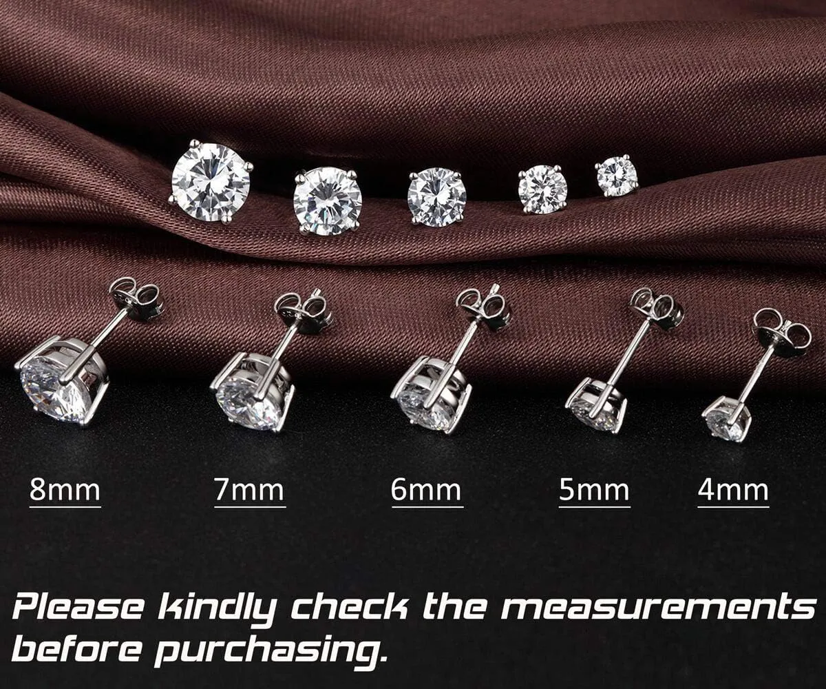18K White Gold Plated Sparkling Simulated Diamond Studs Earrings s925 Sterling Silver Hypoallergenic Earring for Women Men 4mm-8mm
