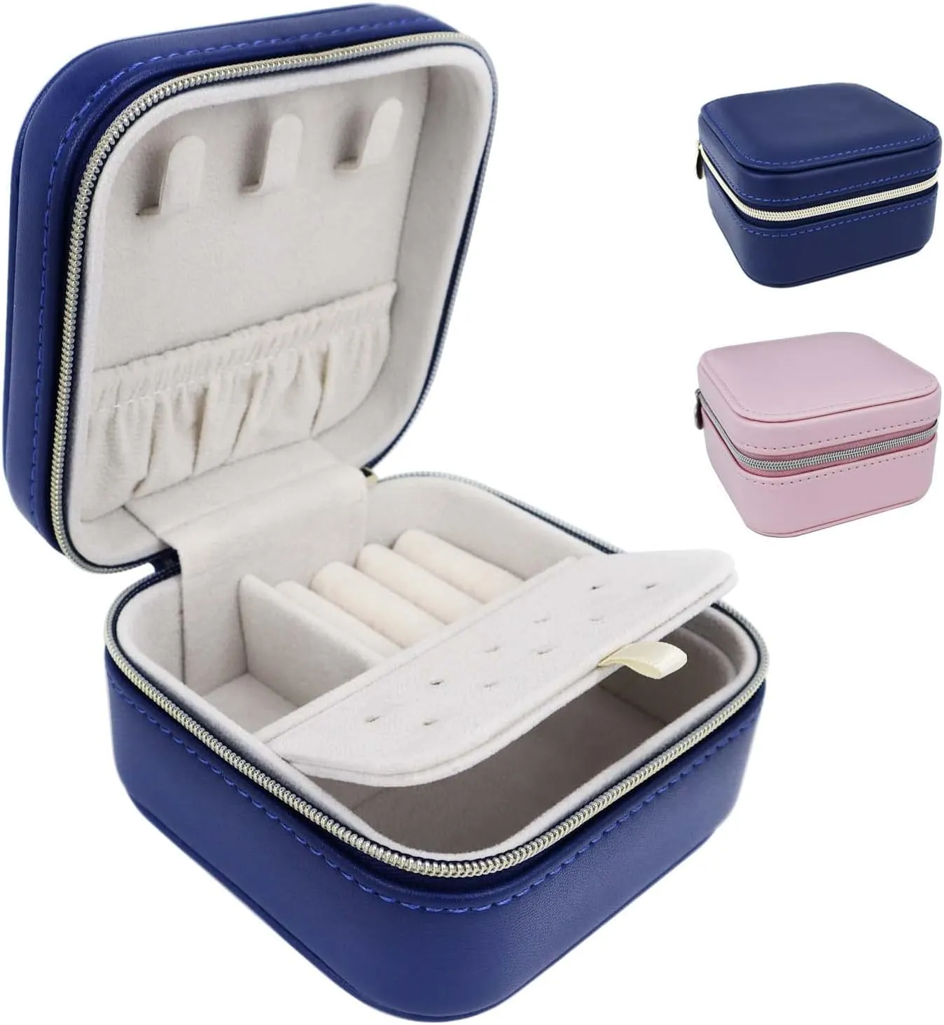 2 Pack PU Leather Travel Small Portable Mini Travel Jewelry Organizer for Rings Necklaces Earrings and Lipstick Color Blue and Pink
