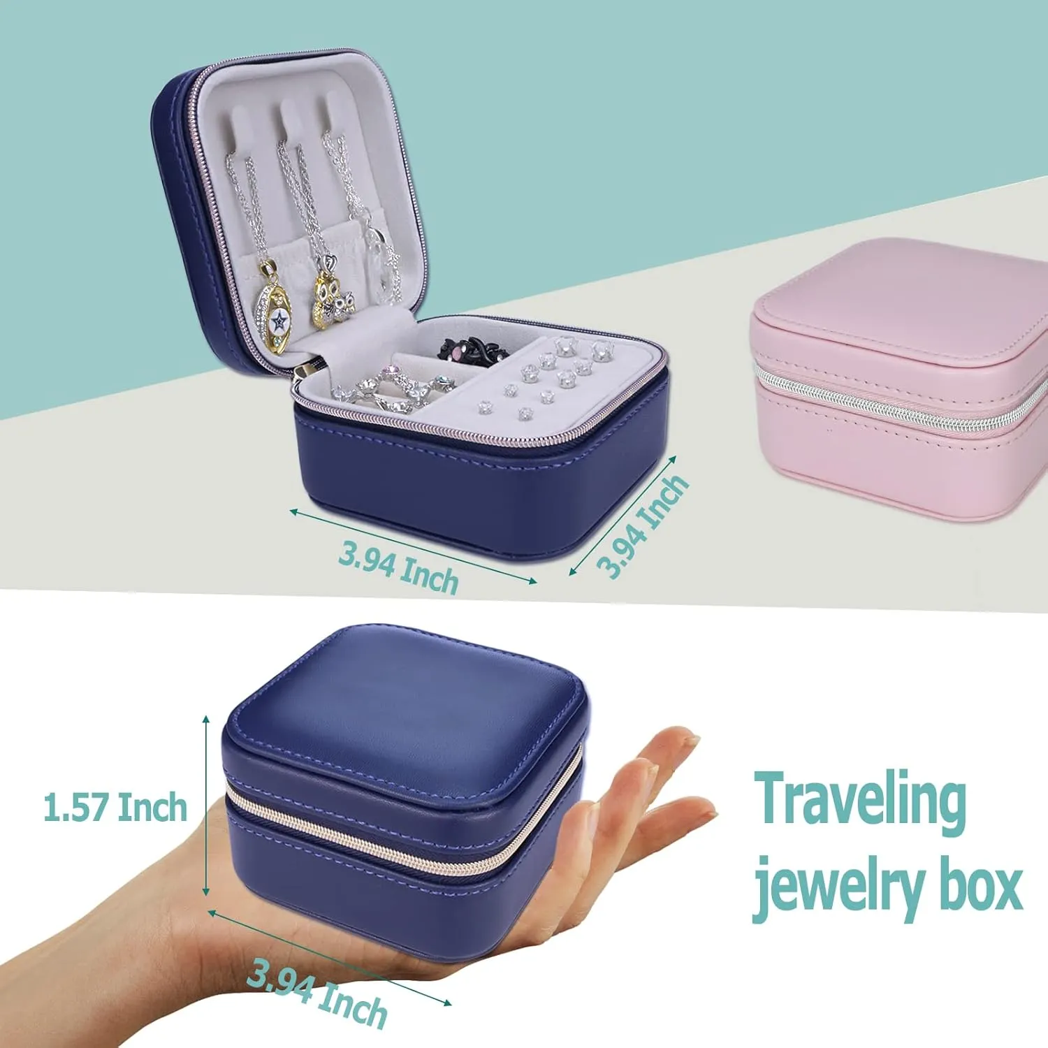 2 Pack PU Leather Travel Small Portable Mini Travel Jewelry Organizer for Rings Necklaces Earrings and Lipstick Color Blue and Pink