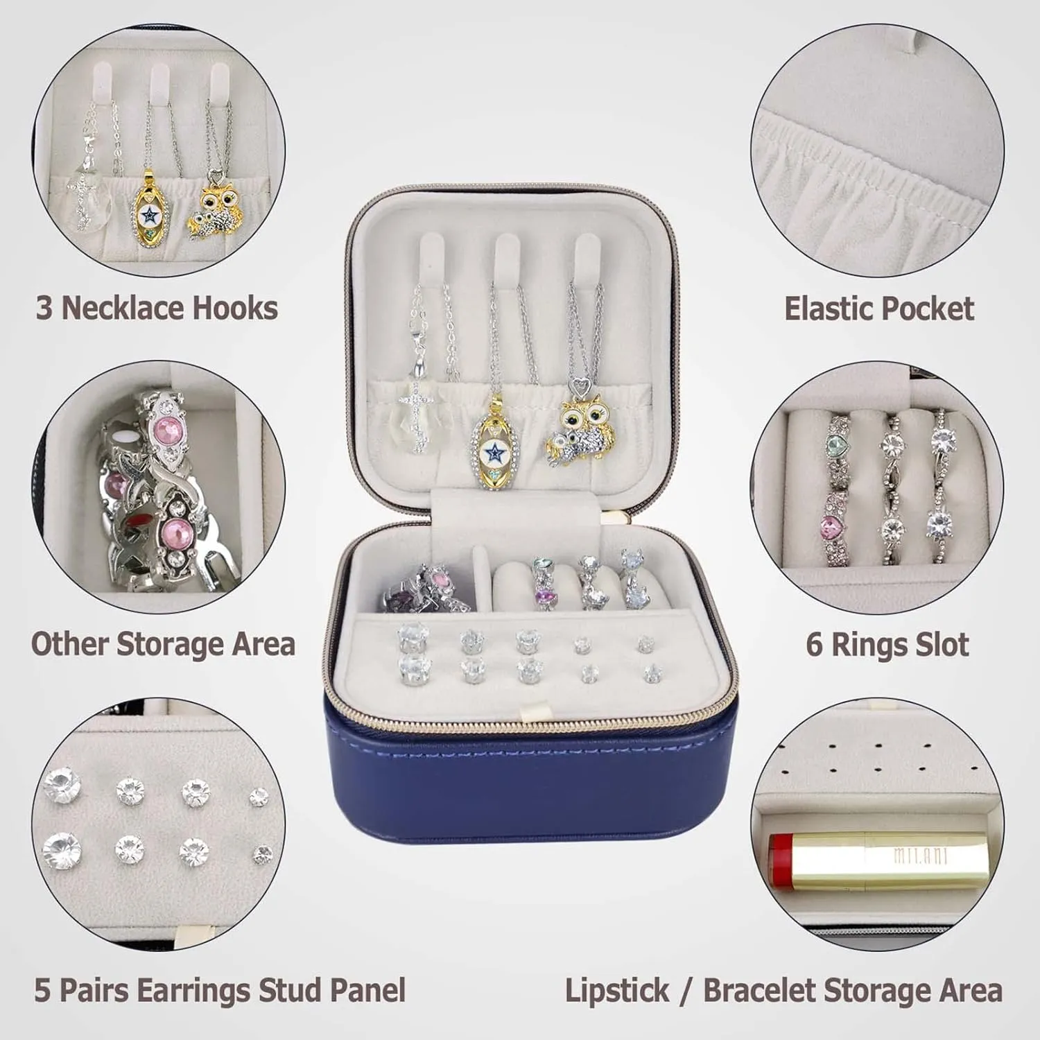 2 Pack PU Leather Travel Small Portable Mini Travel Jewelry Organizer for Rings Necklaces Earrings and Lipstick Color Blue and Pink
