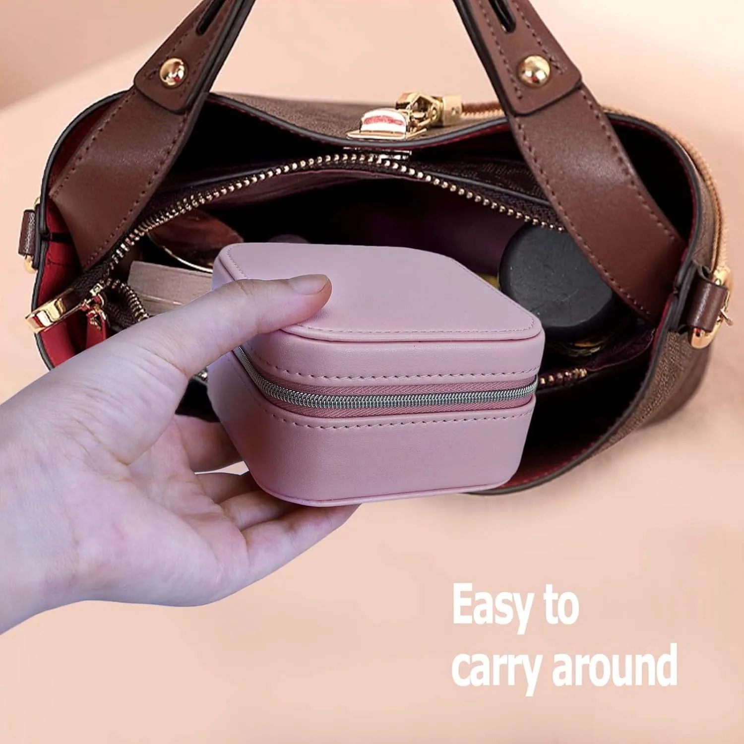 2 Pack PU Leather Travel Small Portable Mini Travel Jewelry Organizer for Rings Necklaces Earrings and Lipstick Color Blue and Pink