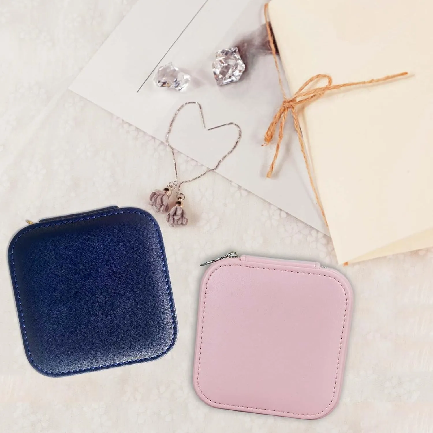 2 Pack PU Leather Travel Small Portable Mini Travel Jewelry Organizer for Rings Necklaces Earrings and Lipstick Color Blue and Pink