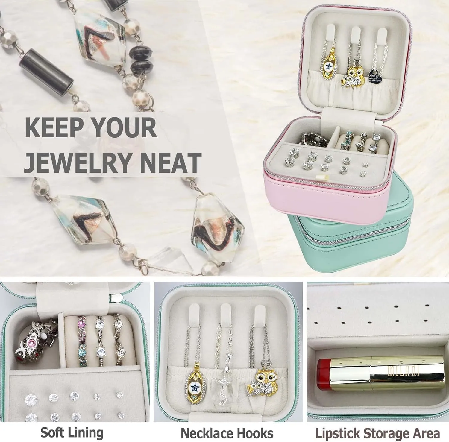  2 Pack PU Leather Travel Small Portable Mini Travel Jewelry Organizer for Rings Necklaces Earrings and Lipstick Green and Pink