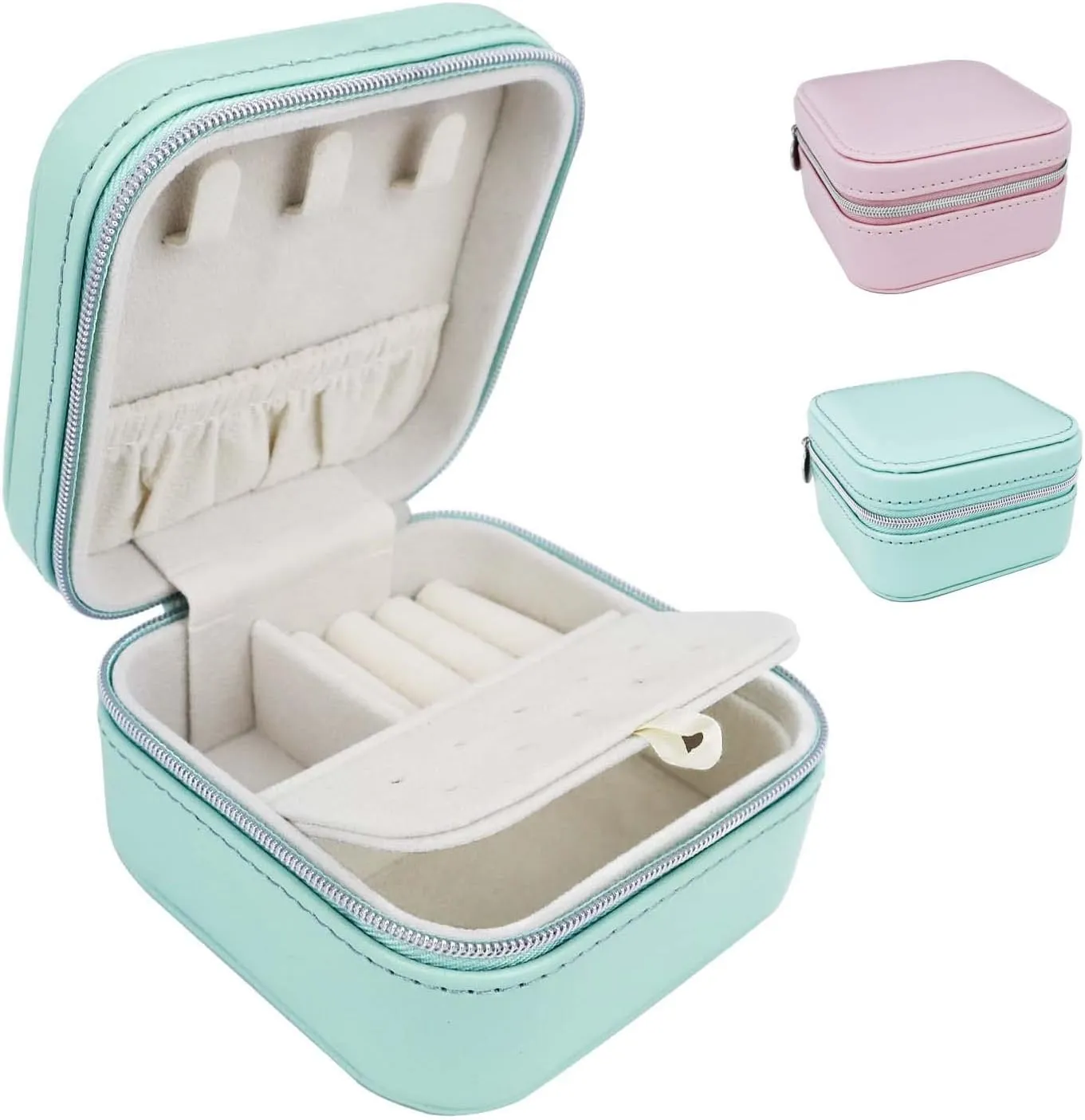 2 Pack PU Leather Travel Small Portable Mini Travel Jewelry Organizer for Rings Necklaces Earrings and Lipstick Green and Pink