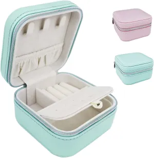  2 Pack PU Leather Travel Small Portable Mini Travel Jewelry Organizer for Rings Necklaces Earrings and Lipstick Green and Pink