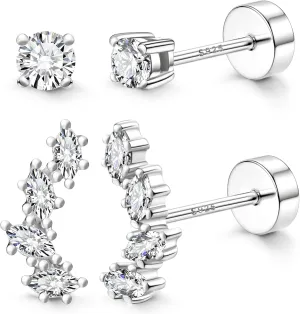 2 Pairs 925 Sterling Silver Flat Back Earrings for Women Dainty Gold CZ Flatback Cartilage Earring Small Helix Tragus Multiple Piercing Jewelry