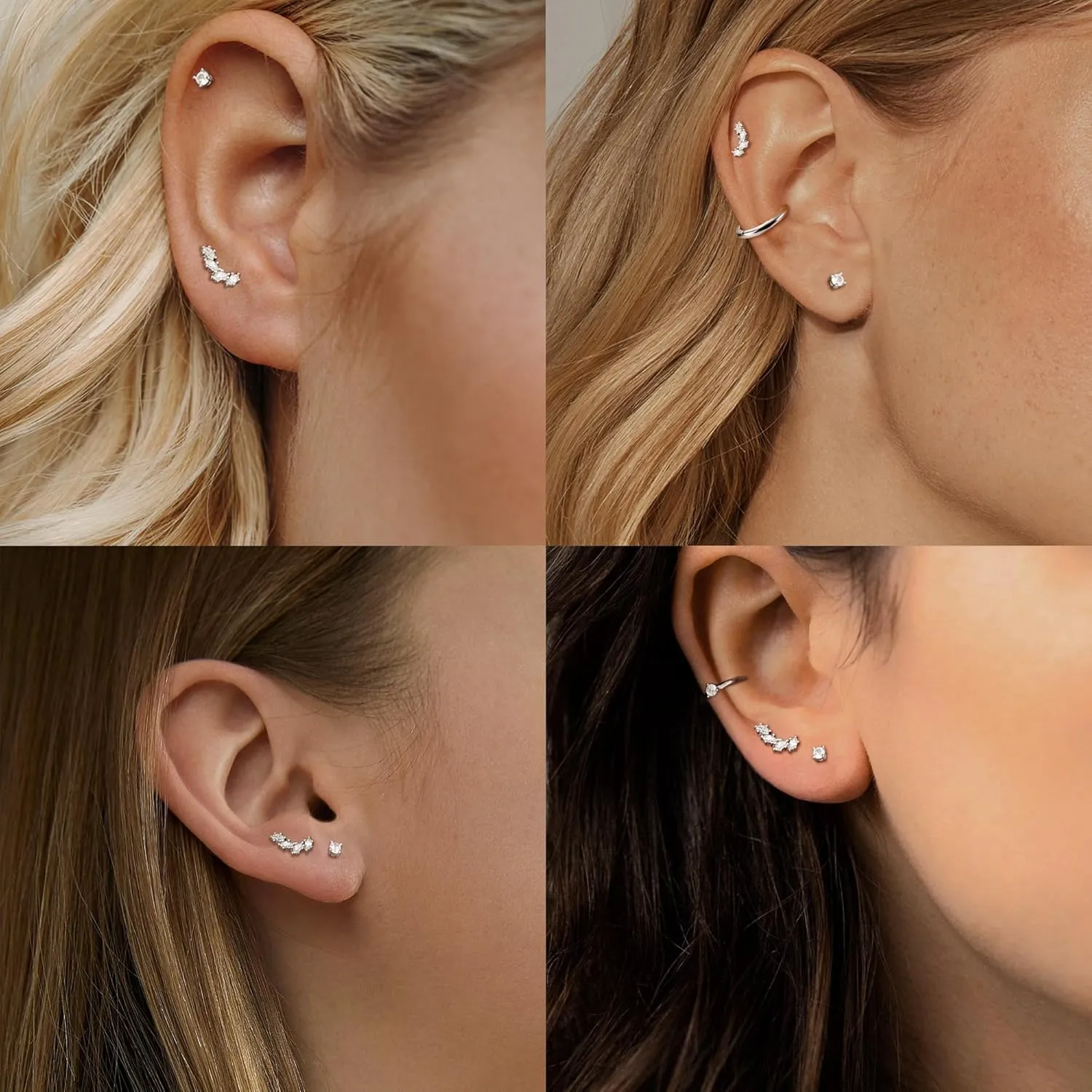 2 Pairs 925 Sterling Silver Flat Back Earrings for Women Dainty Gold CZ Flatback Cartilage Earring Small Helix Tragus Multiple Piercing Jewelry