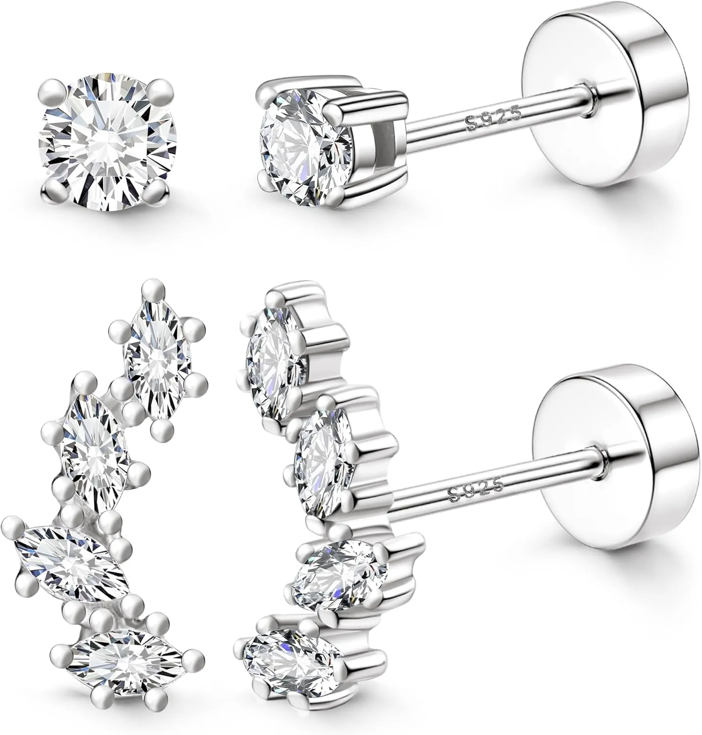 2 Pairs 925 Sterling Silver Flat Back Earrings for Women Dainty Gold CZ Flatback Cartilage Earring Small Helix Tragus Multiple Piercing Jewelry