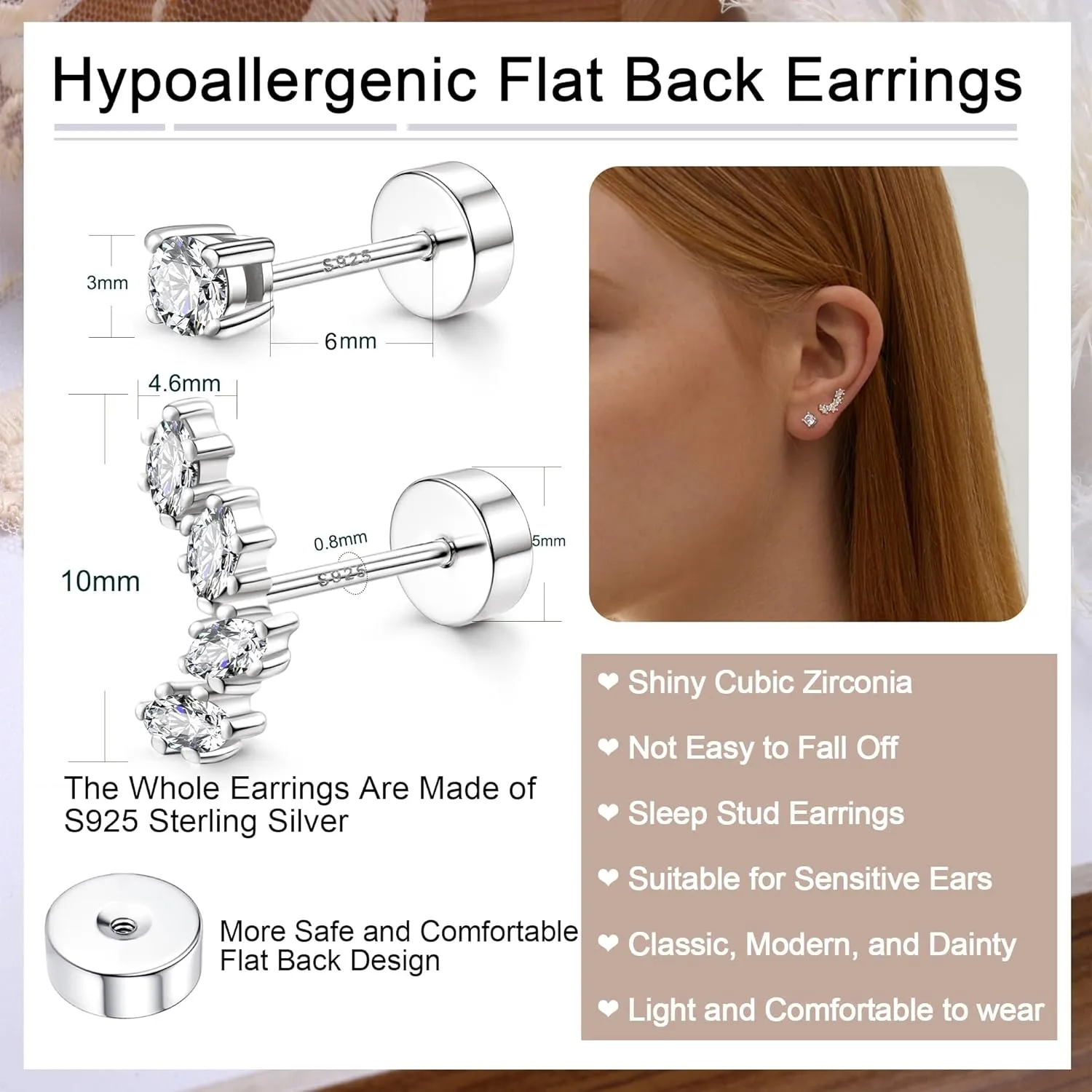2 Pairs 925 Sterling Silver Flat Back Earrings for Women Dainty Gold CZ Flatback Cartilage Earring Small Helix Tragus Multiple Piercing Jewelry